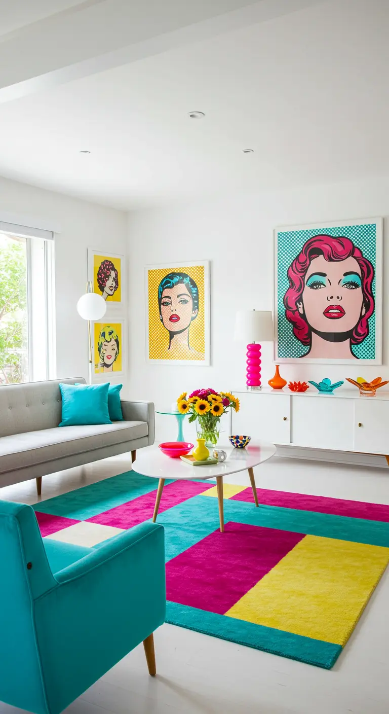 White living room with colorful pop art and a vibrant turquoise, pink, and yellow geometric rug.