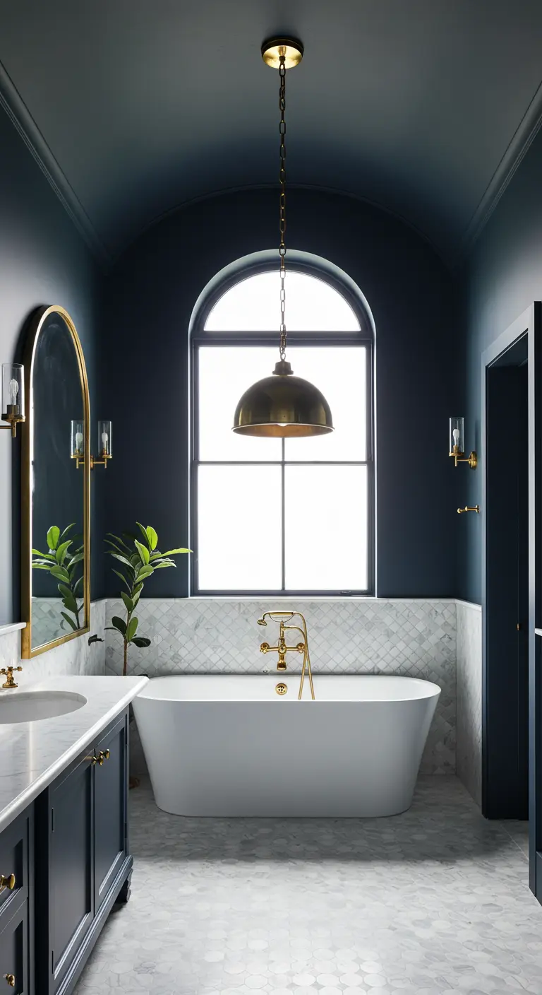 Moody dark gray bathroom with a large arched window above a freestanding tub.