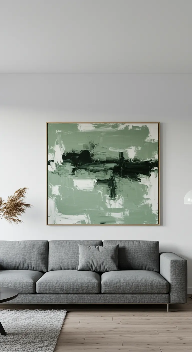 Living room with a grey sofa and a large abstract painting in sage green and charcoal.