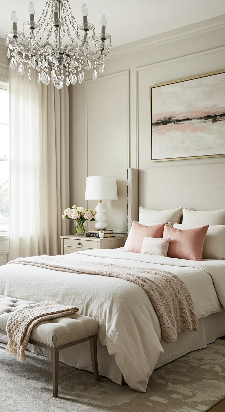 Transitional bedroom with a neutral palette and abstract art featuring blush pink.