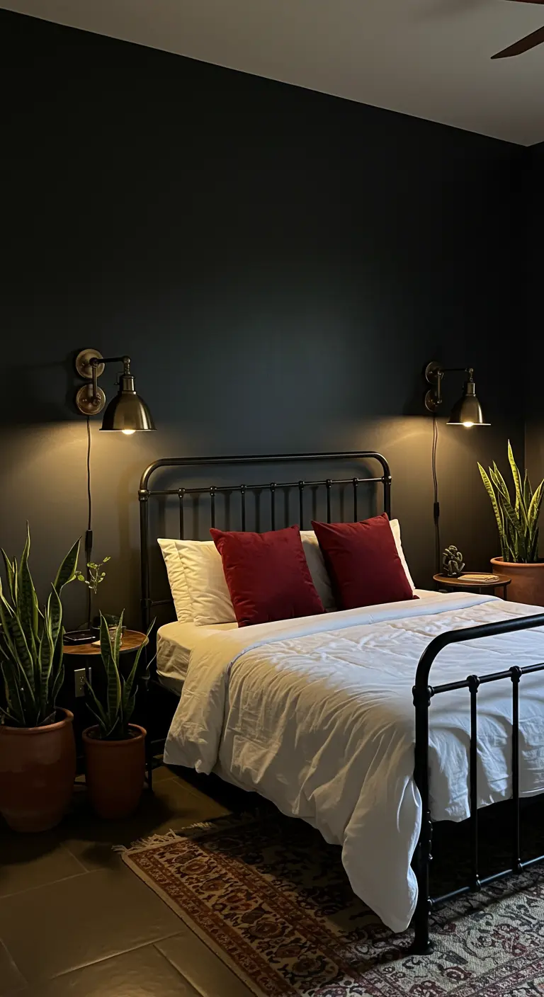 Moody dark bedroom with a black iron bed and two crimson pillows.