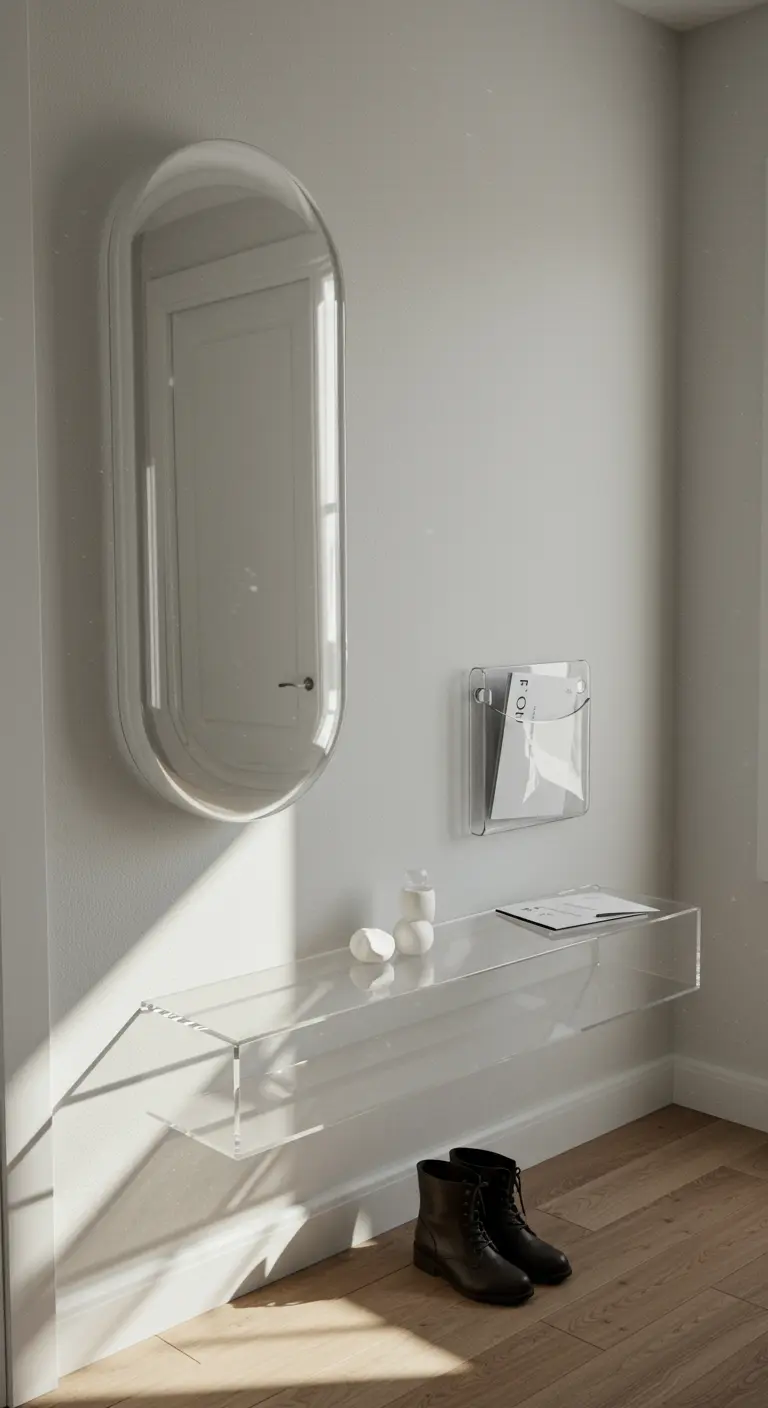 A transparent acrylic floating console and mail holder with a rounded mirror in a bright hallway.