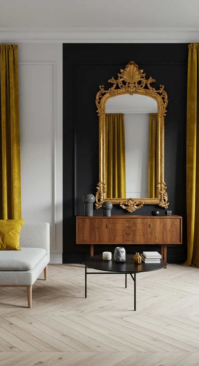 A baroque gold mirror hangs on a black accent wall above a modern wood console.