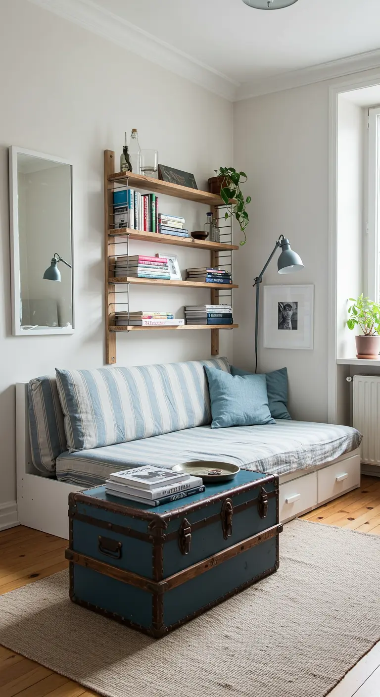 A vintage blue steamer trunk used as a coffee table in front of a striped daybed.