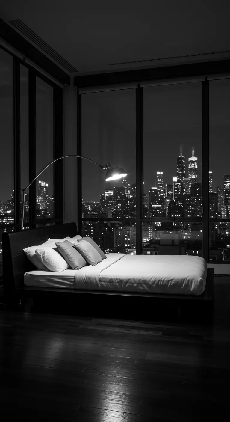 A black-and-white photo of a minimalist bed with an arc lamp overhead in a high-rise.