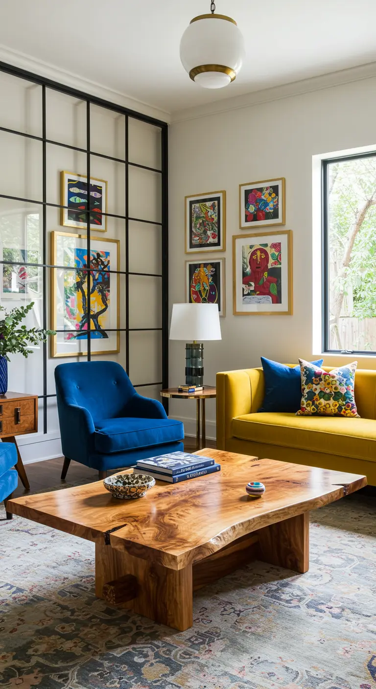 Colorful living room with a yellow sofa and blue chair, sectioned off by a black steel-grid partition.