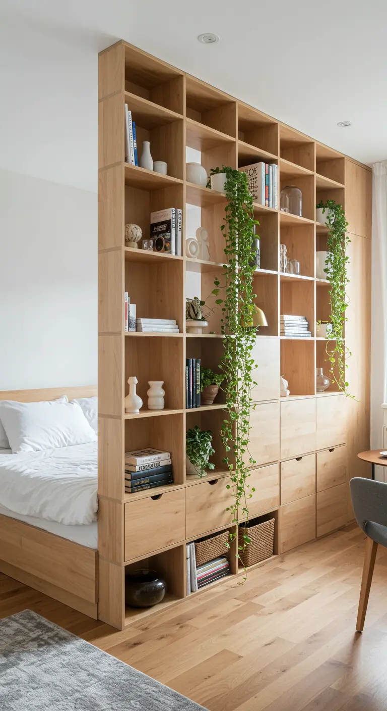 A tall, light-wood bookshelf acts as a room divider next to a bed in a studio apartment.