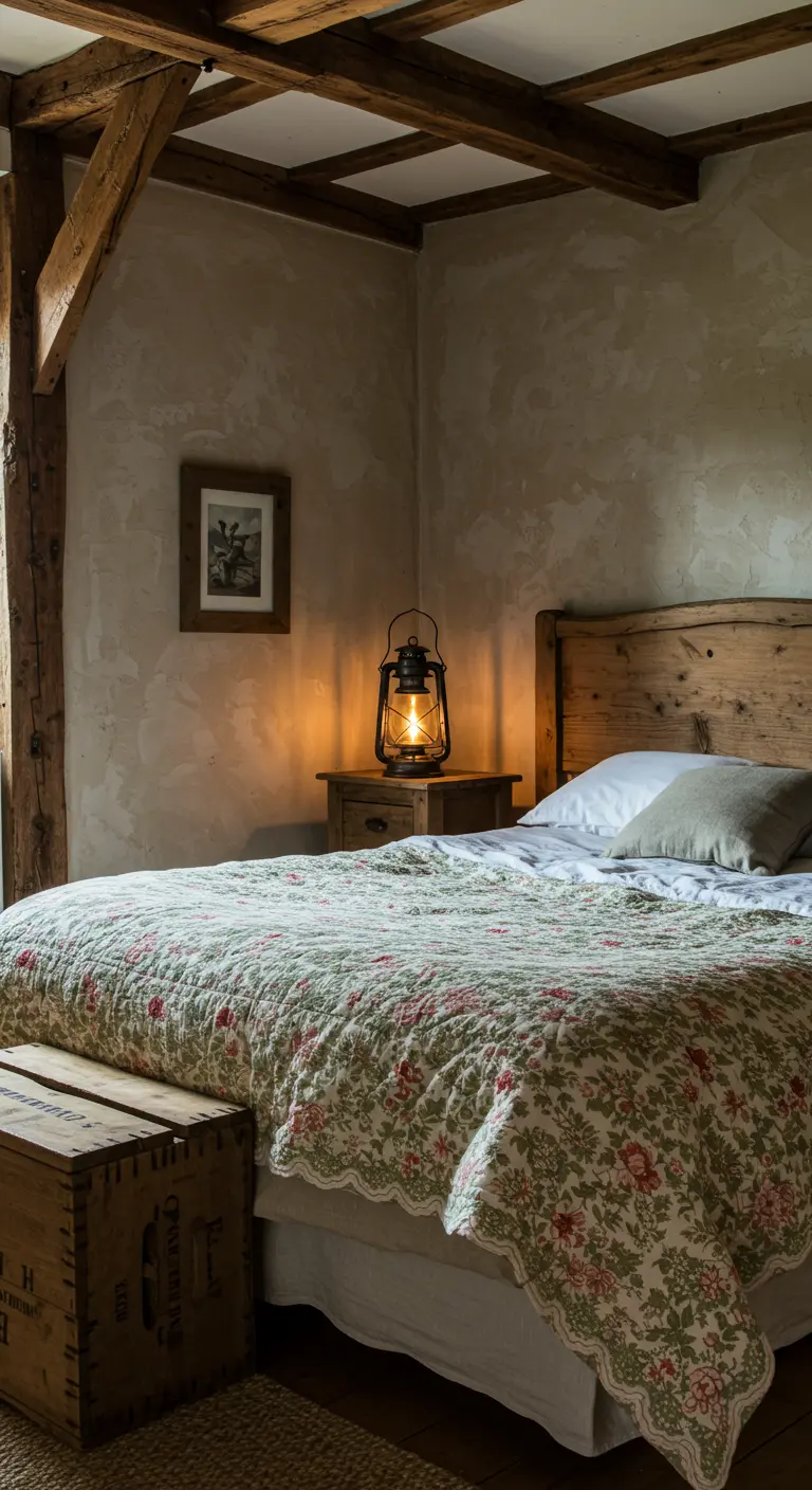 Rustic bedroom with a warm lantern on the nightstand and a floral quilt.