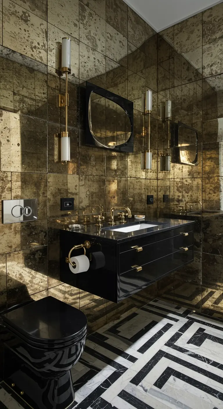 Bathroom with antiqued mirror tile walls, a floating black vanity, and geometric flooring.