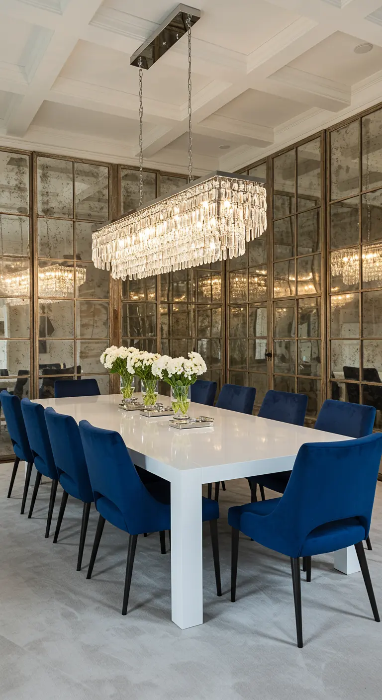Dining room with blue velvet chairs, a linear crystal chandelier, and an antiqued mirror wall.