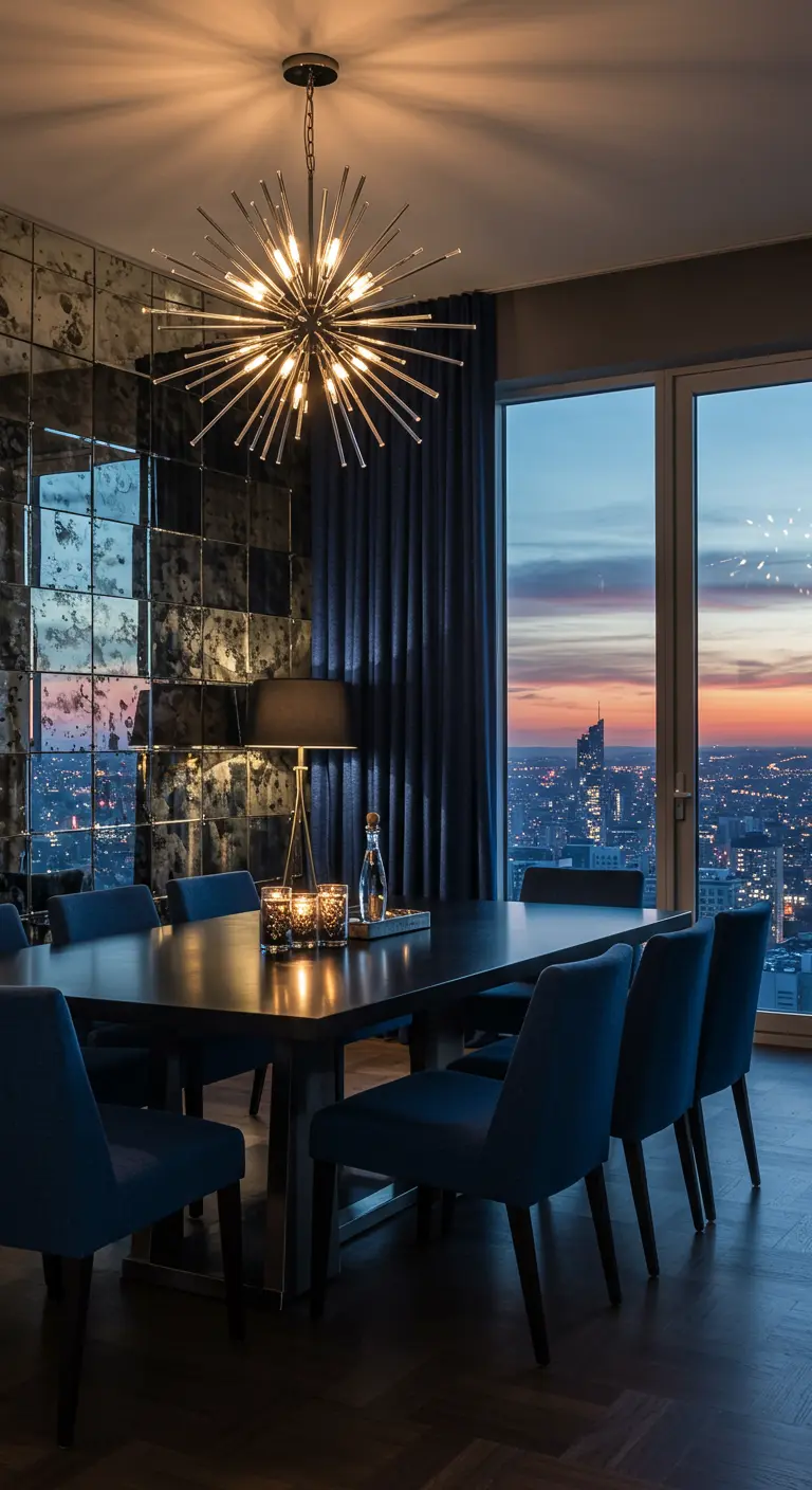 Moody dining room with navy chairs, antiqued mirror wall, and a city view.