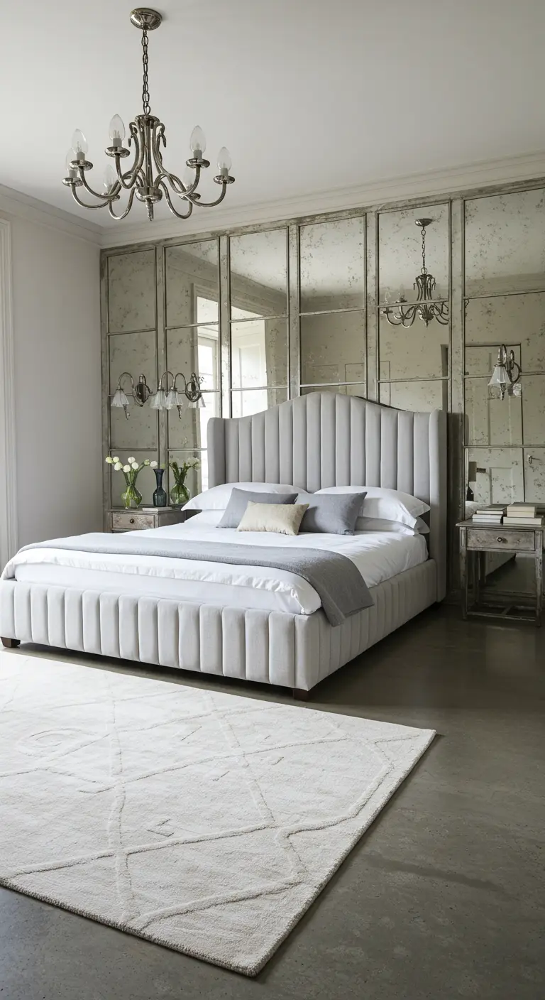 Serene bedroom with a light grey channel-tufted bed and an antiqued mirror accent wall.