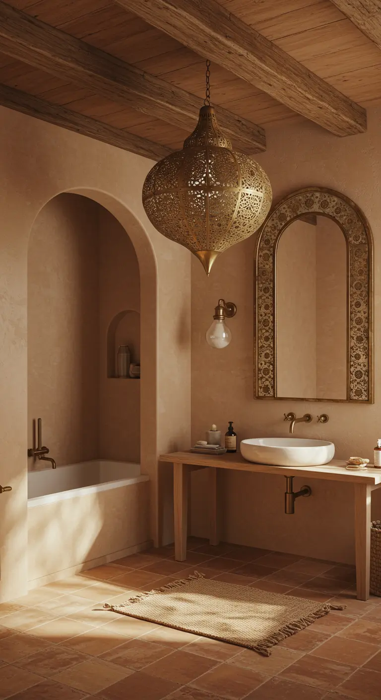 Earthy bathroom with a built-in tub in an arched alcove and a large brass lantern.