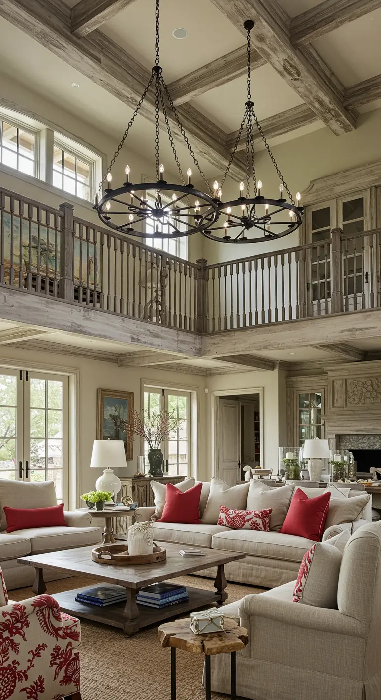 A great room with a coffered ceiling, distressed wood beams, and a second-floor balcony.