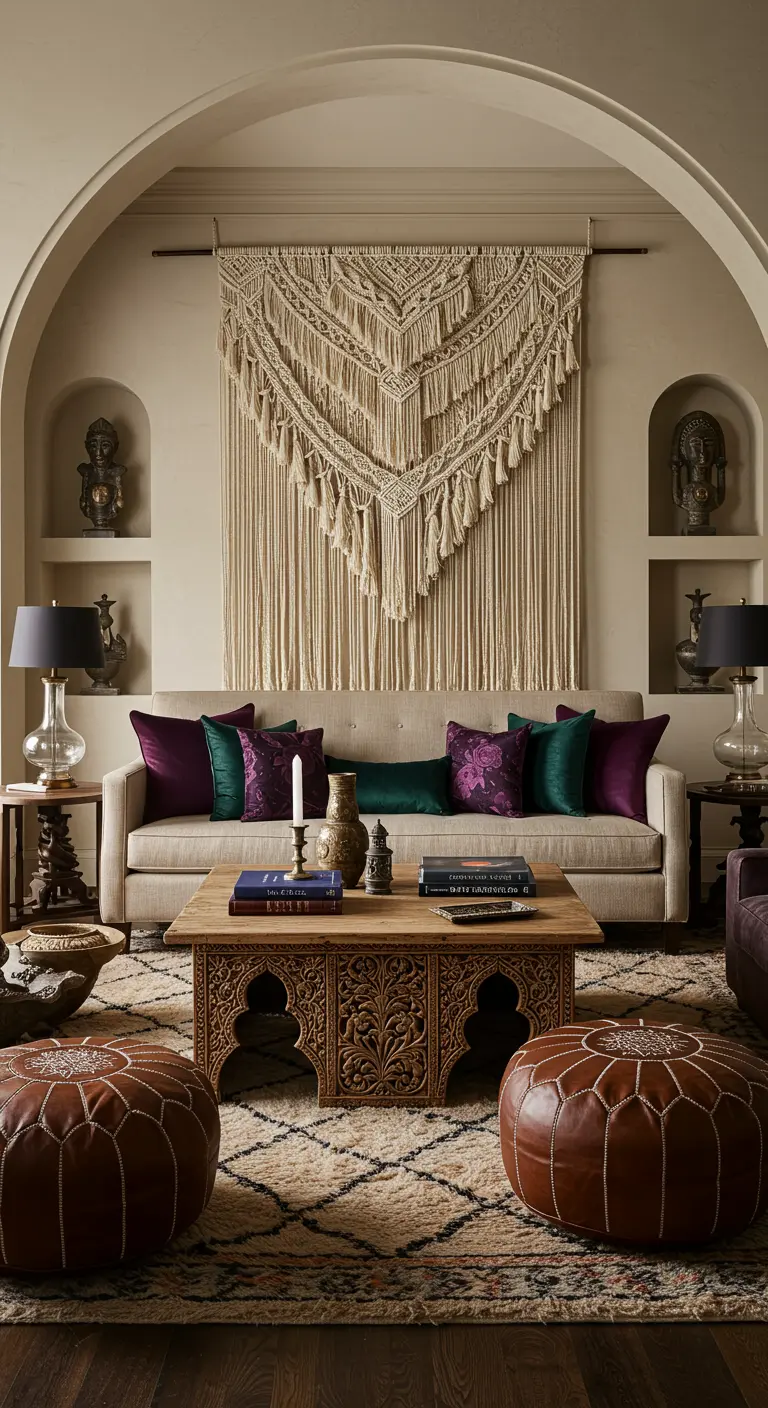Symmetrical living room with a macramé hanging framed by an architectural arch.