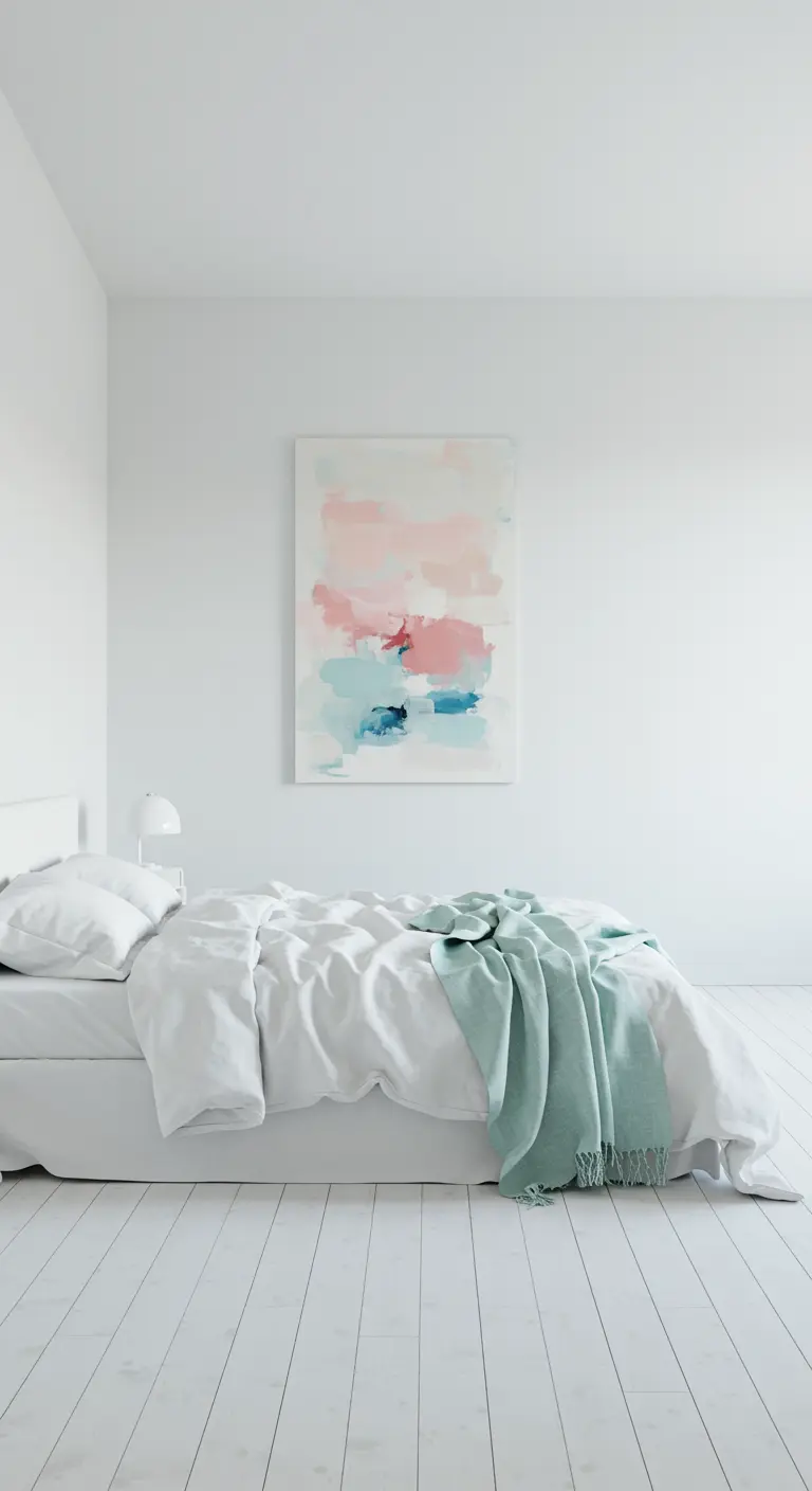 All-white bedroom with a pastel abstract painting and a mint green throw.