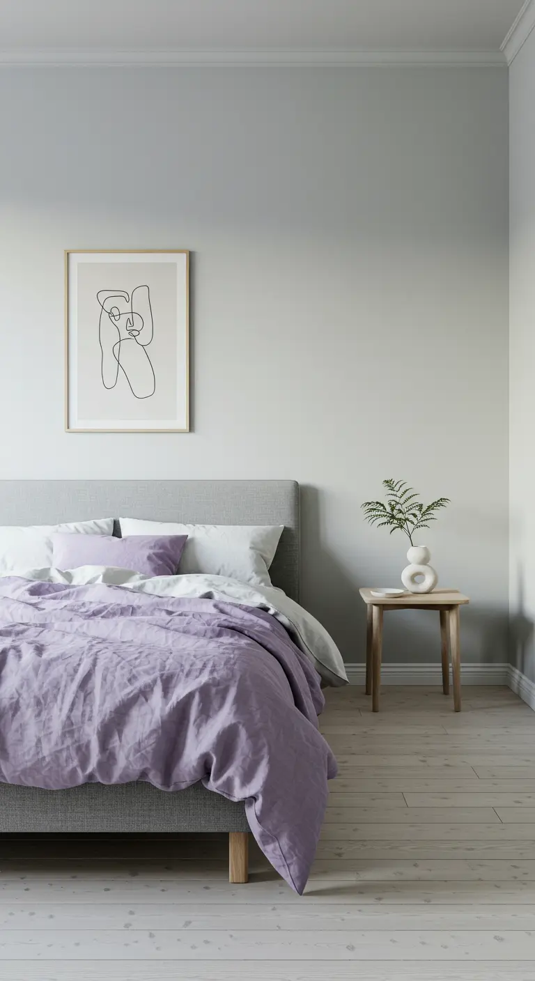 Minimalist bedroom with lavender linen, a gray bed, and simple line art on the wall.