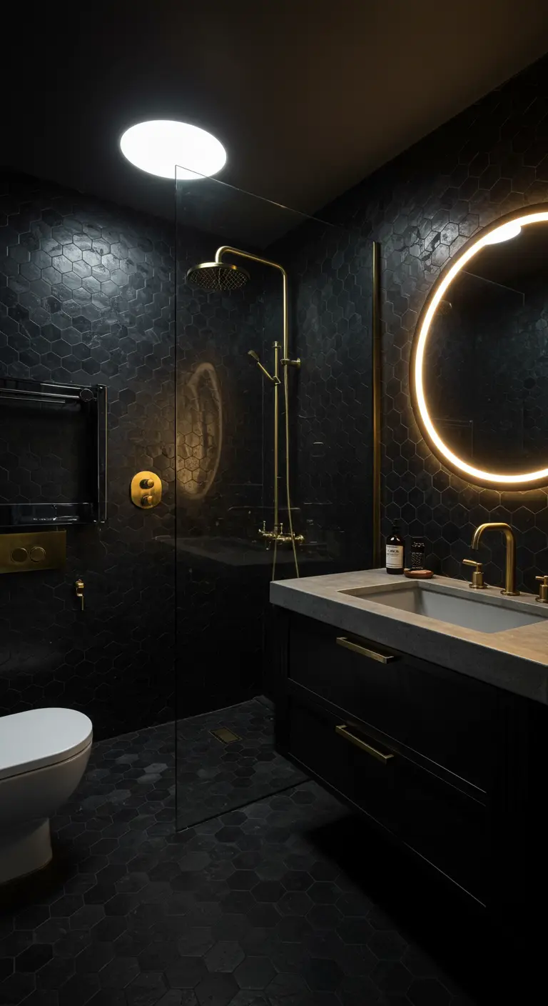 Dark bathroom with black hexagonal tiles and a large, backlit circular mirror over the sink.