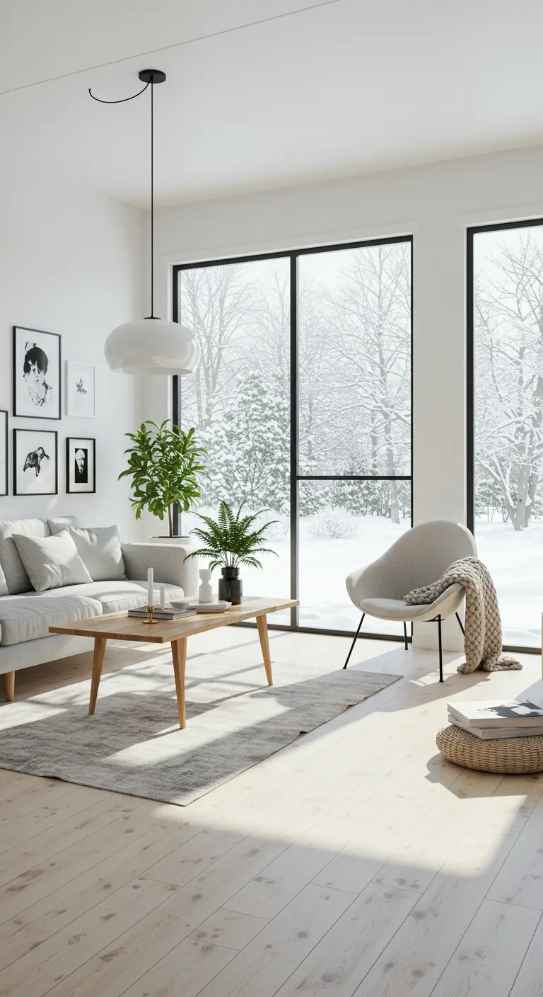 Minimalist living room with white walls, light wood floors, and large windows overlooking a snowy scene.