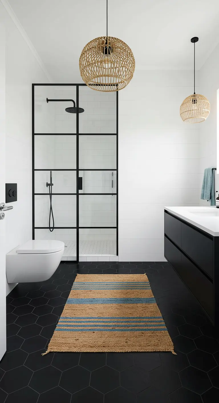 Modern bathroom with a black-framed shower and black hexagon floors.