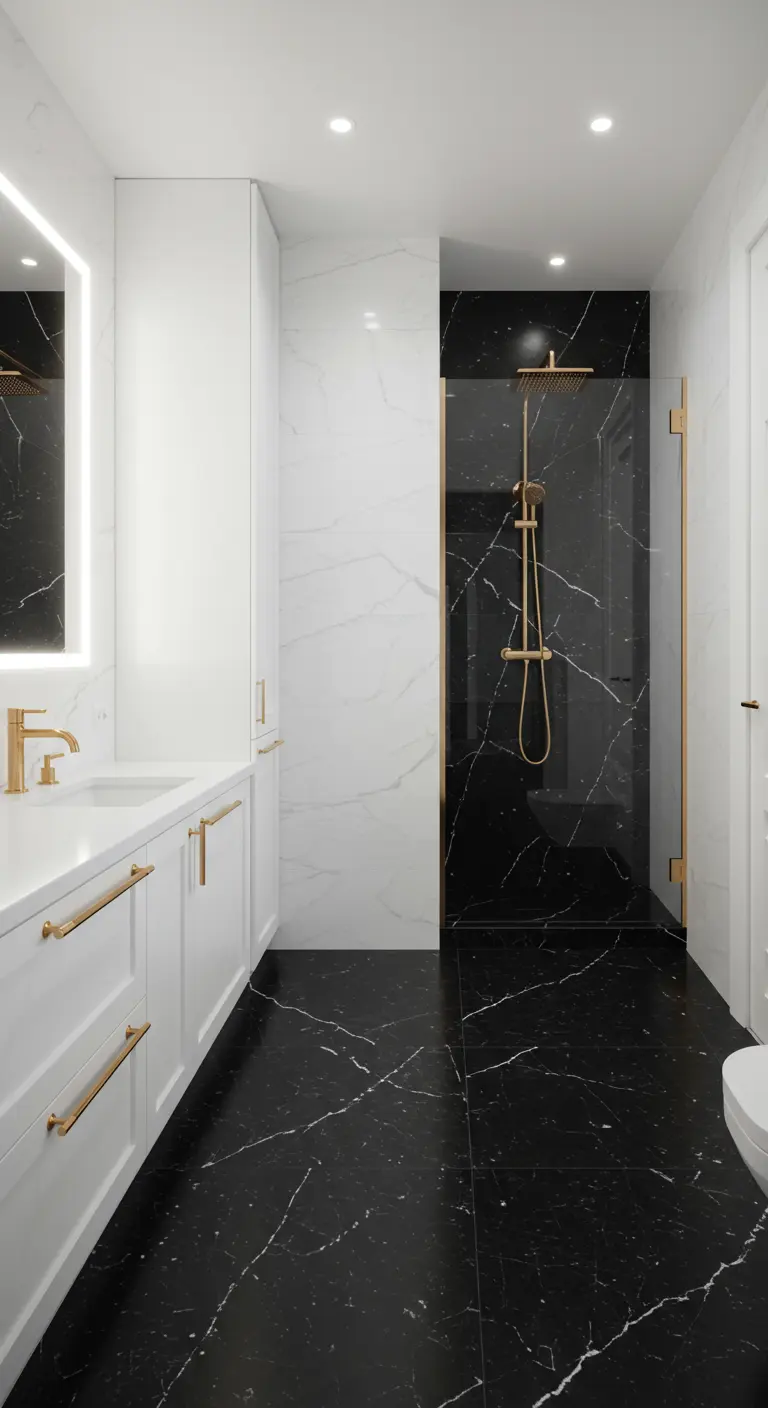 Bathroom with black marble floors and shower, contrasted with white walls and cabinetry.