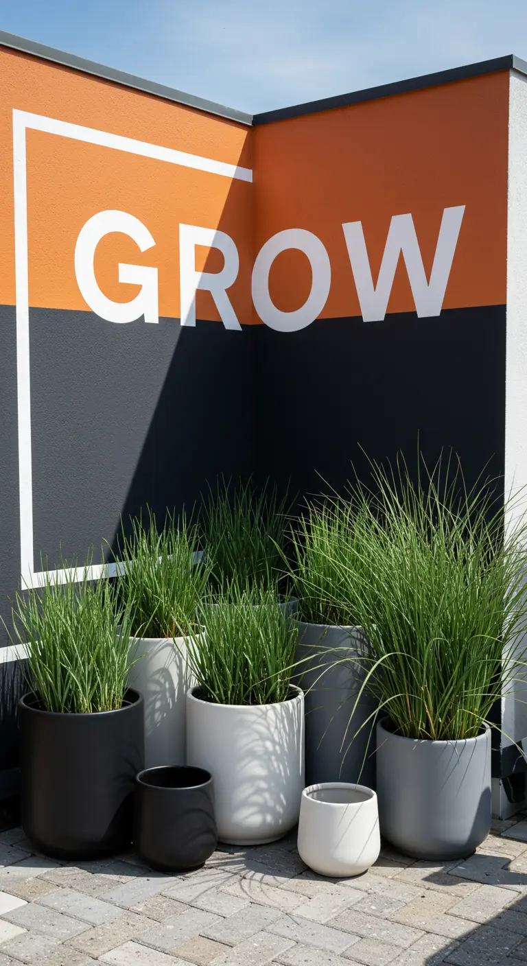 A modern wall painted with the word GROW in bold letters, with minimalist planters filled with grass.