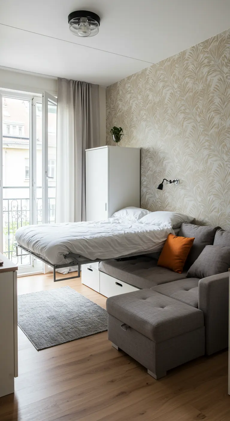A murphy bed folds down over a gray sofa, in front of an accent wall with botanical wallpaper.
