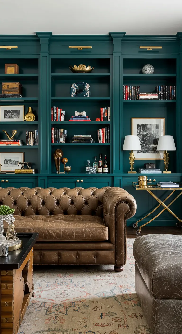 A brown leather Chesterfield sofa in front of floor-to-ceiling teal built-in bookcases.