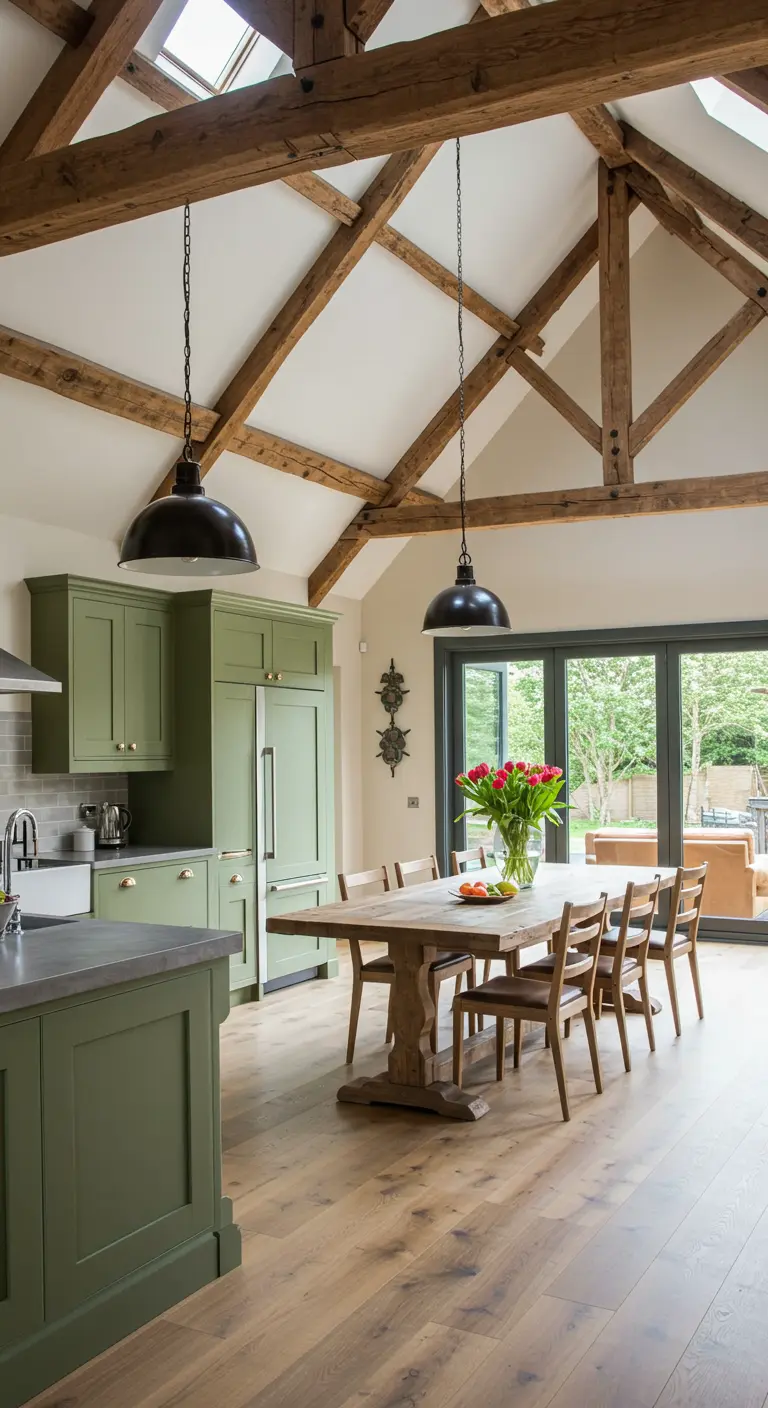 Sage green kitchen in a room with high vaulted ceilings and exposed wood beams.