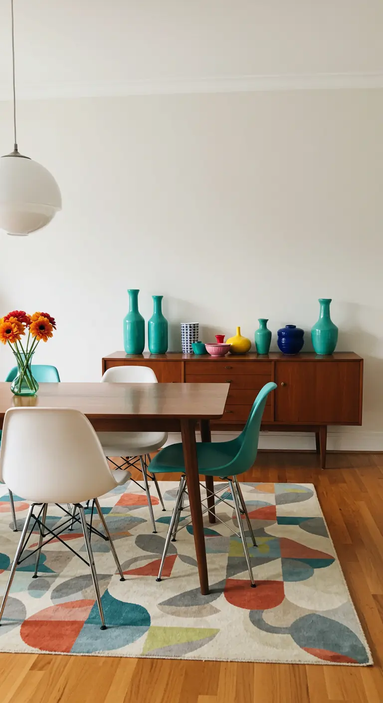 Mid-century dining room with a collection of colorful vases on a walnut sideboard.