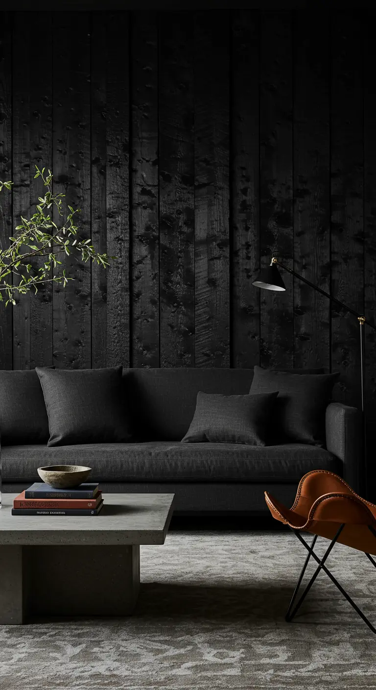 A dark, moody living room with a black charred-wood accent wall and a dark gray sofa.