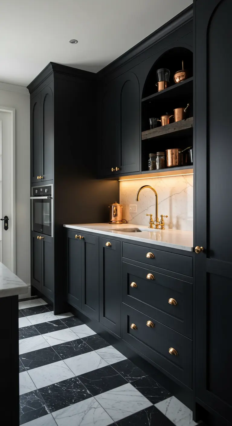 Corner of a black kitchen with brass hardware and a black-and-white marble checkerboard floor.