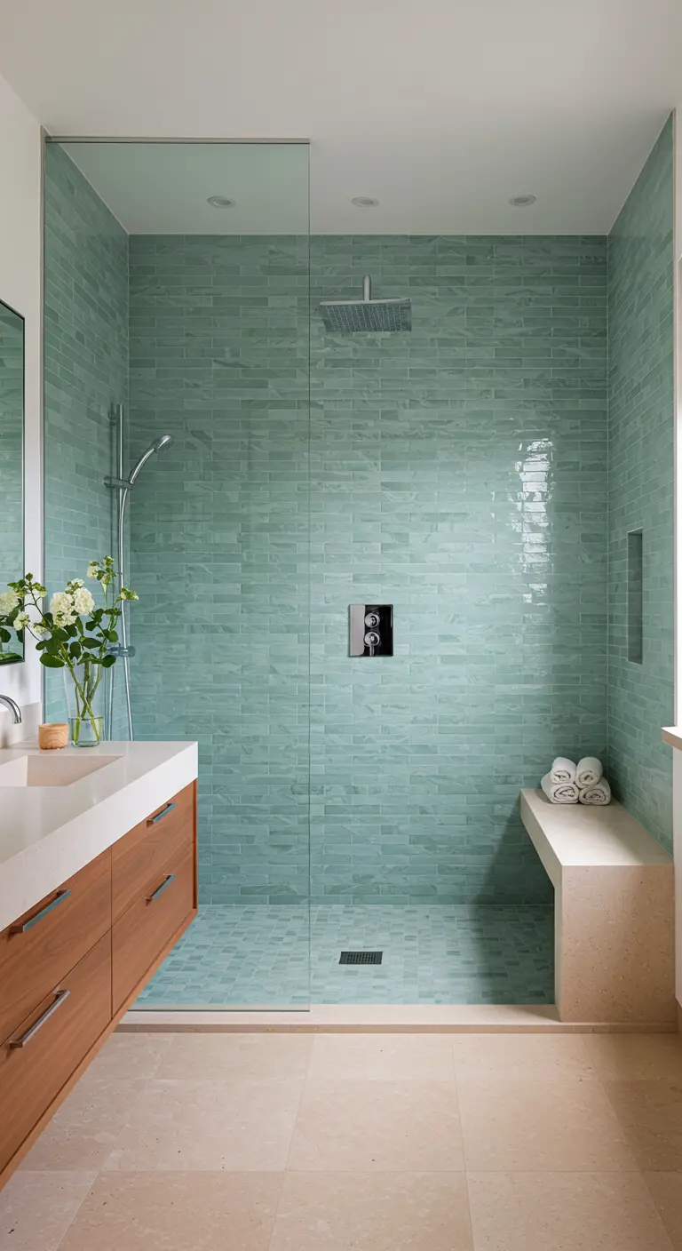 Walk-in shower with glossy aqua subway tiles and a built-in bench.