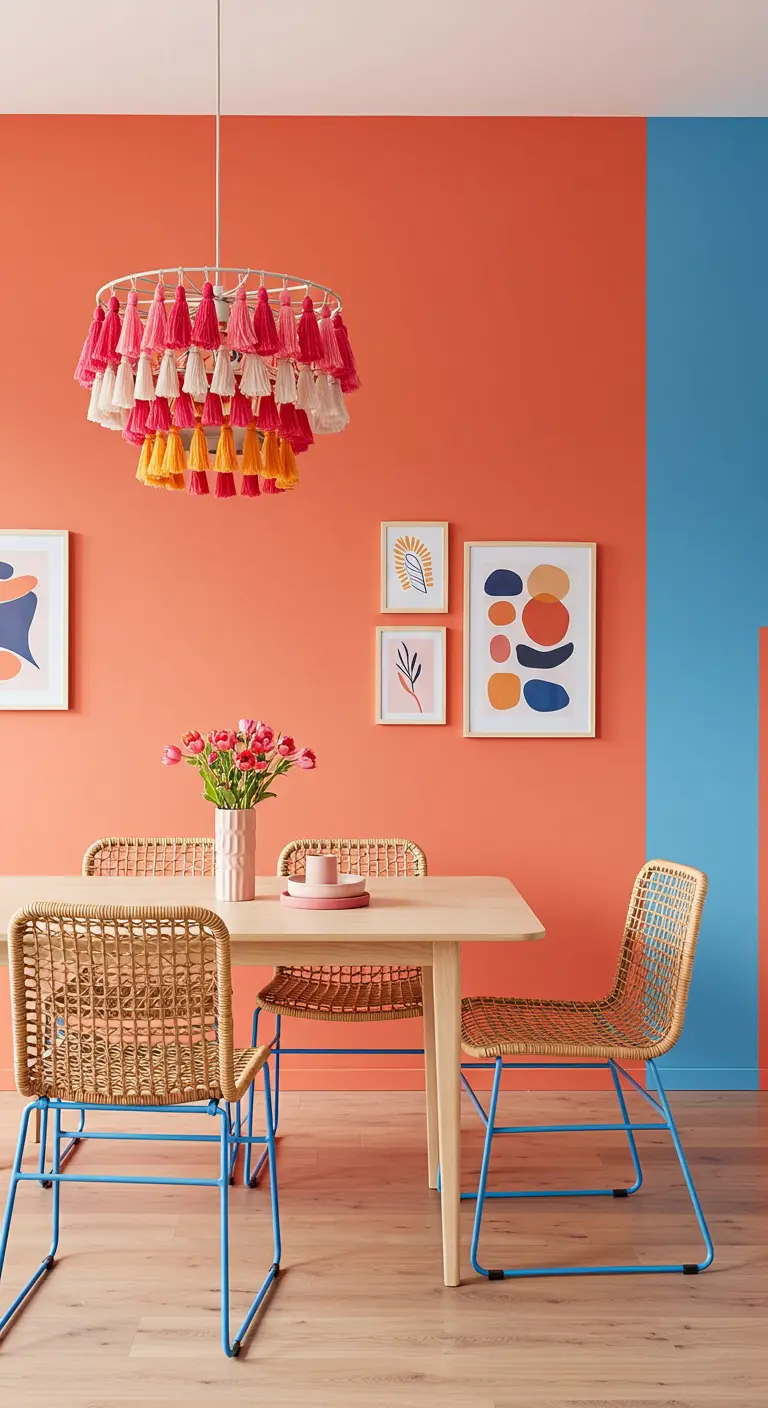 Dining room with a coral wall, a blue accent wall, and a colorful tassel chandelier.