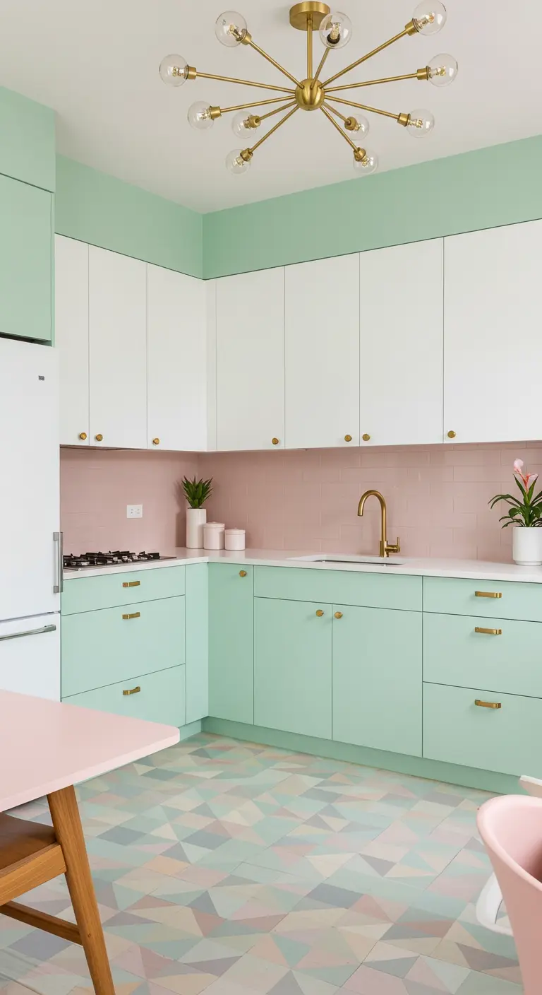 Modern kitchen with white upper and mint lower cabinets, pink backsplash, and geometric floor.
