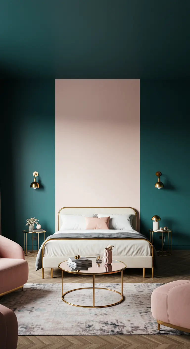 Modern bedroom with a color-blocked wall of teal and blush pink behind the bed.