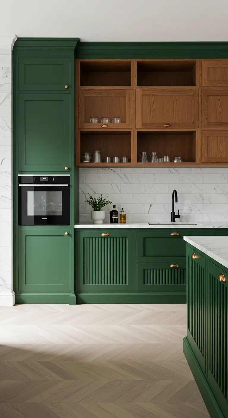 Two-tone kitchen with fluted green cabinets, wood uppers, and a marble wall.