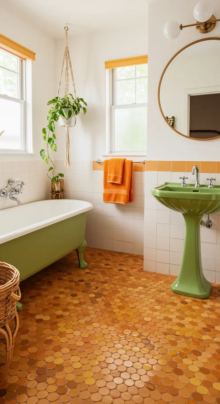 Bohemian bathroom with an orange penny tile floor and a vintage green pedestal sink.