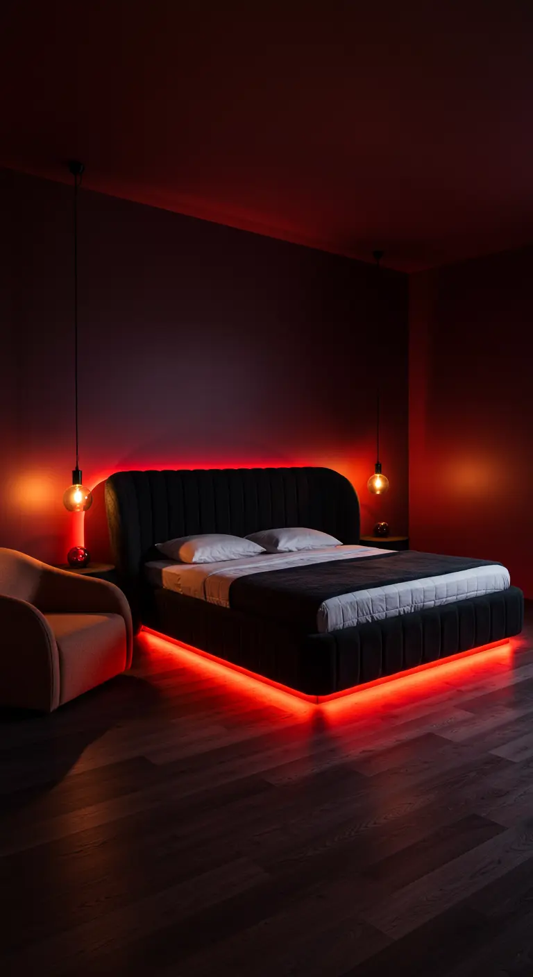 Dark bedroom with a black bed illuminated by dramatic red LED lights underneath and behind.