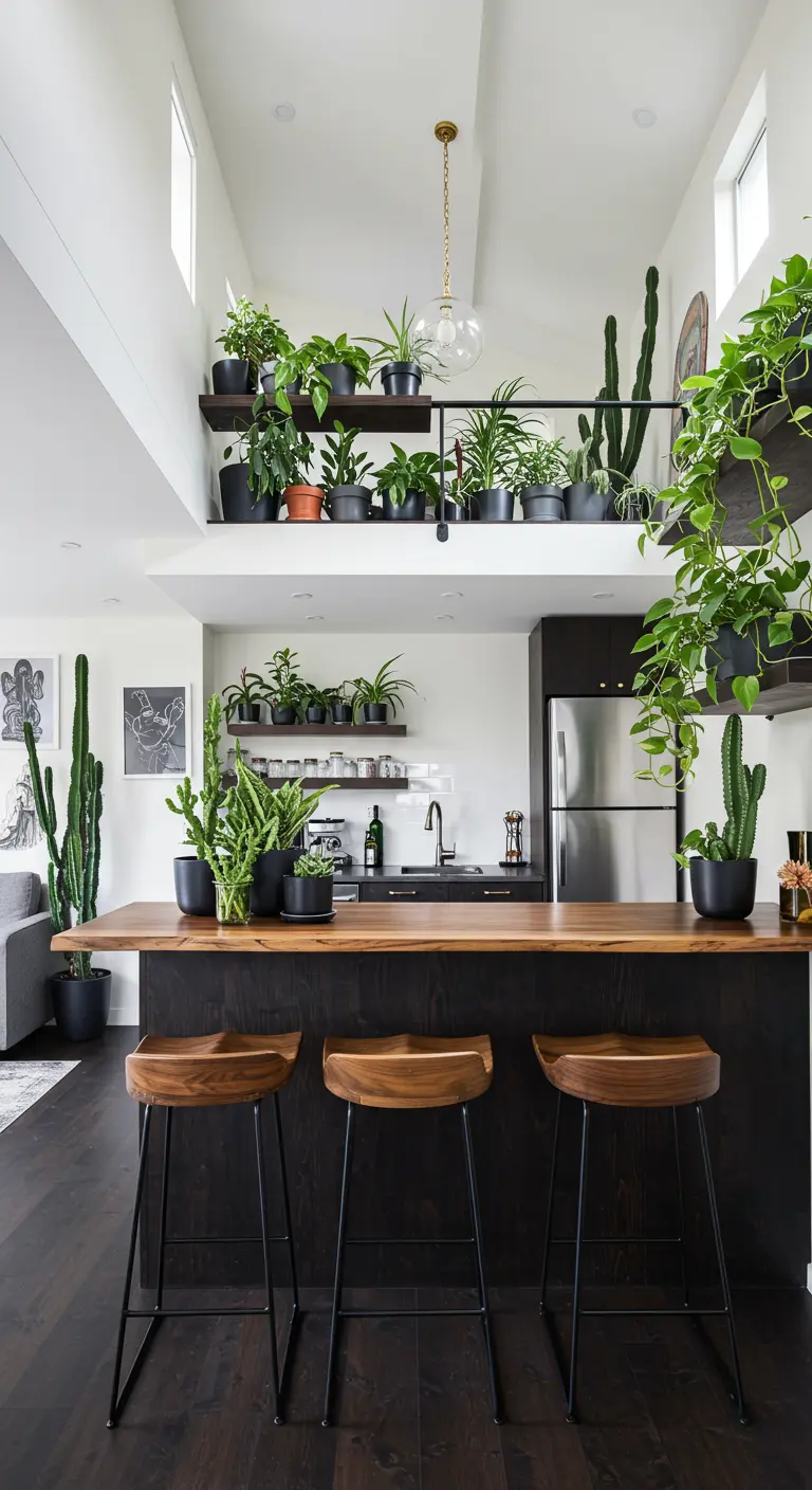 A kitchen with a dark island, wood stools, and a loft area above filled with plants.