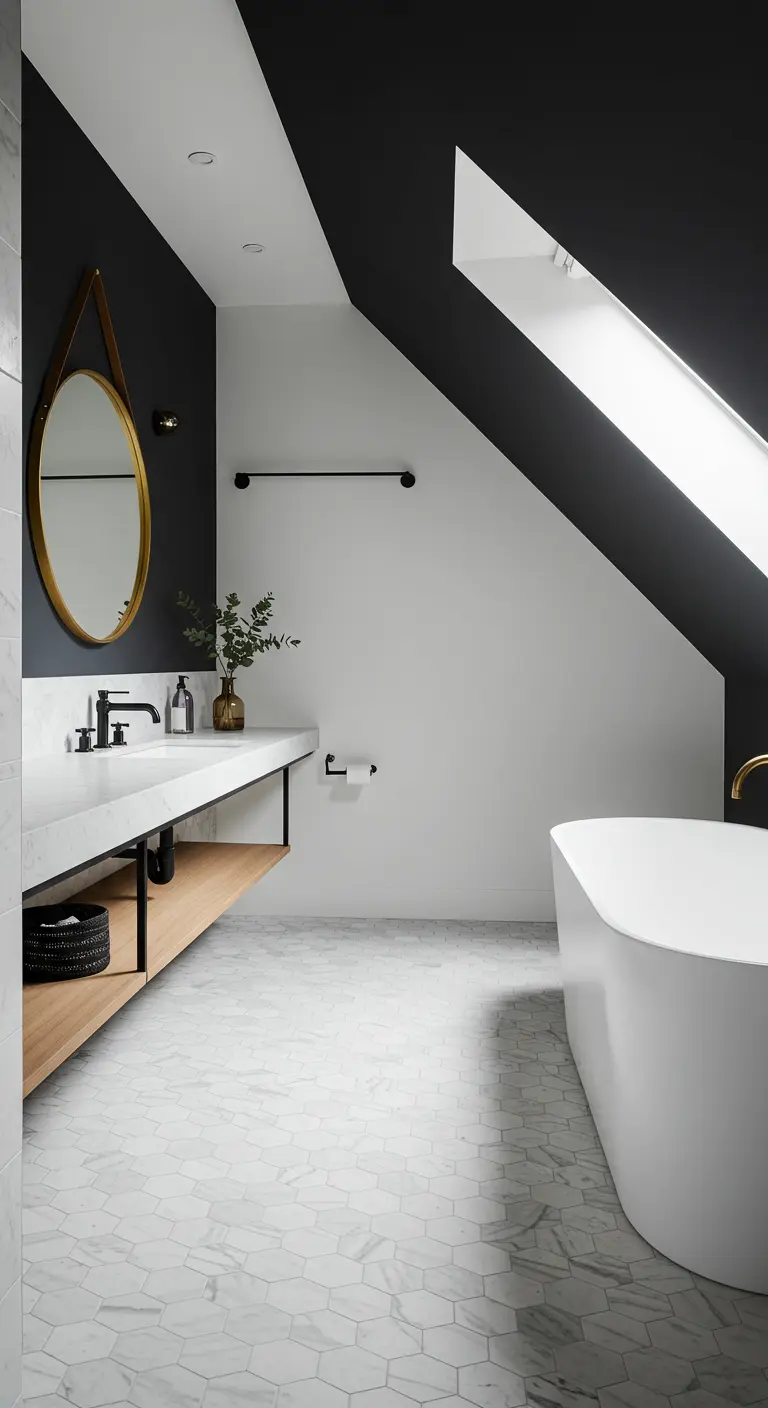 An attic bathroom with a dramatic sloped ceiling painted black.
