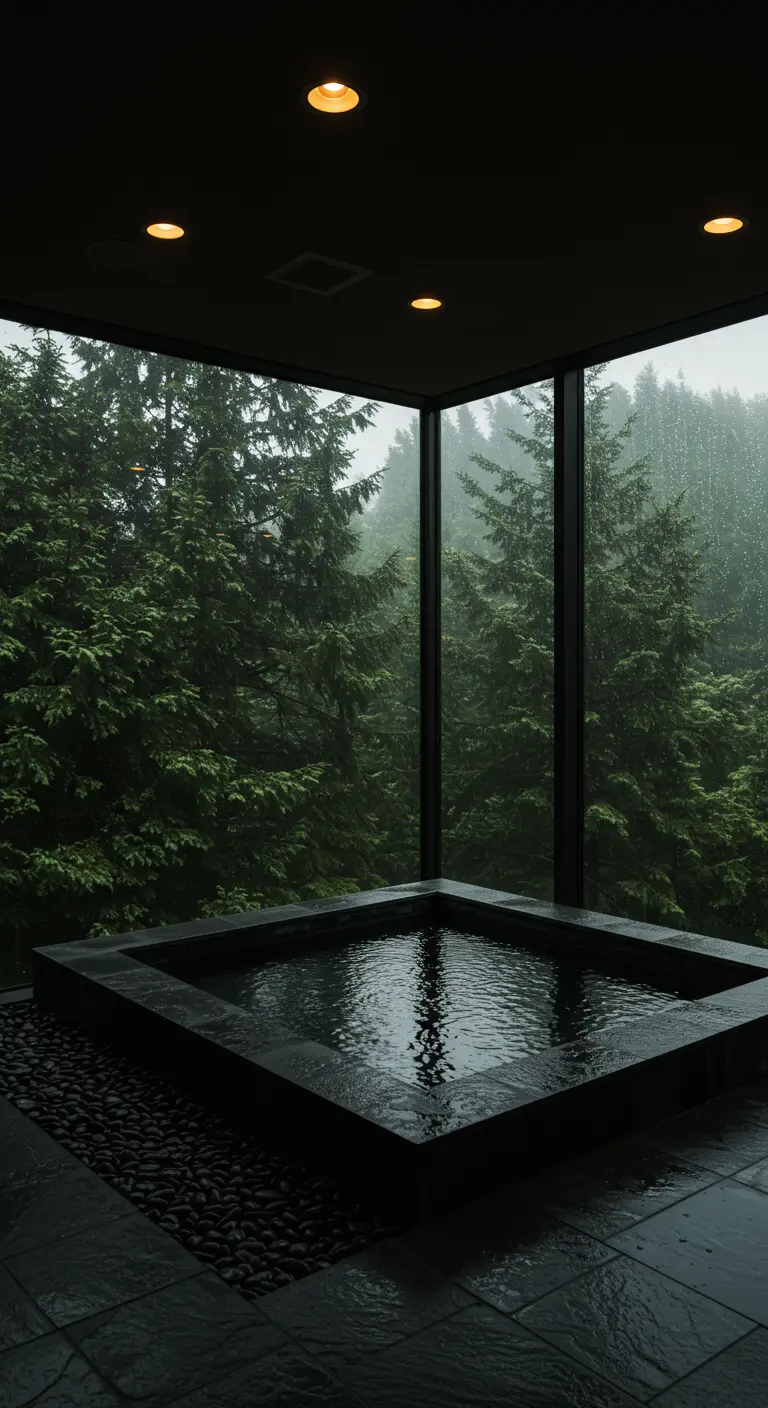A dark, square sunken tub sits before a corner window looking out into a rainy forest.