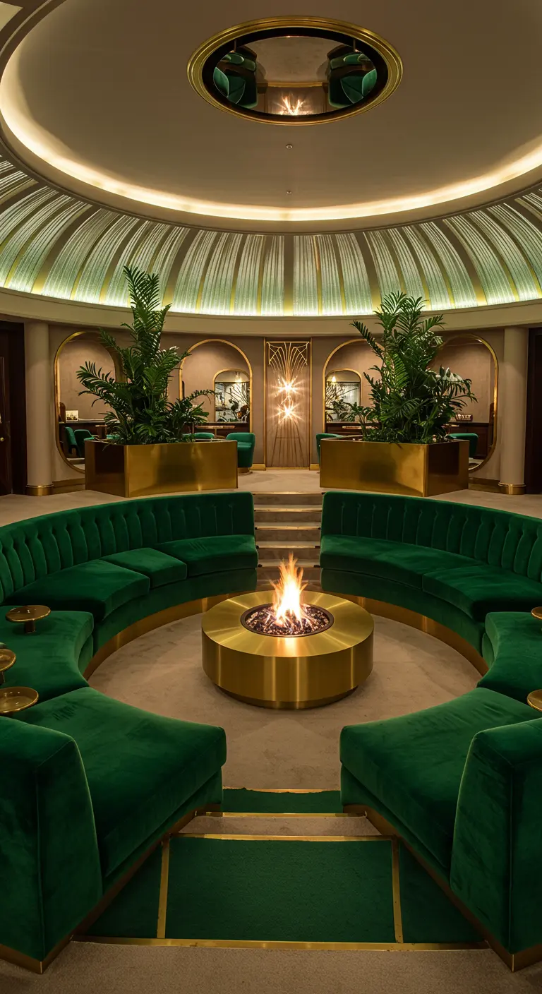A circular lounge area with curved emerald green velvet sofas surrounding a central brass fire pit.