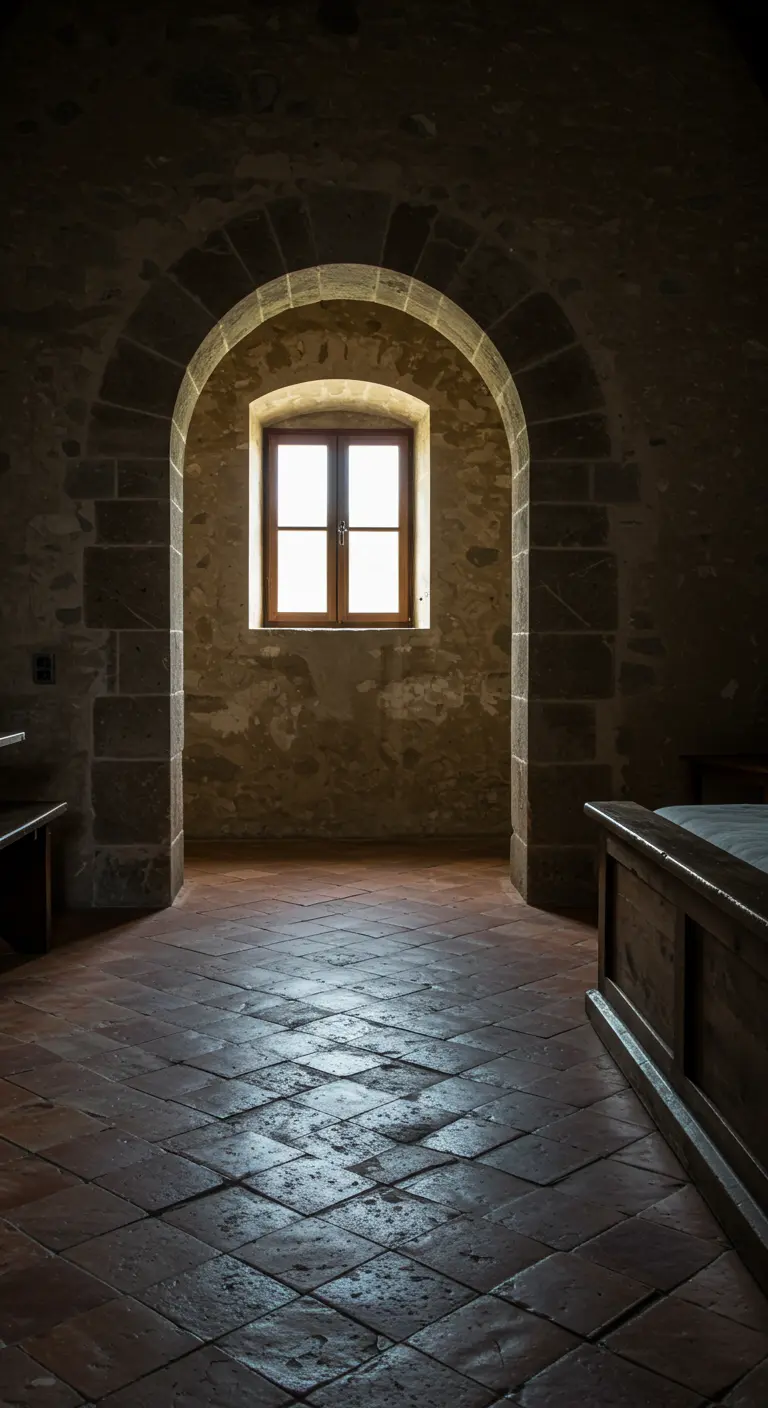 A dark stone archway frames a small, bright window, with light hitting the terracotta floor.