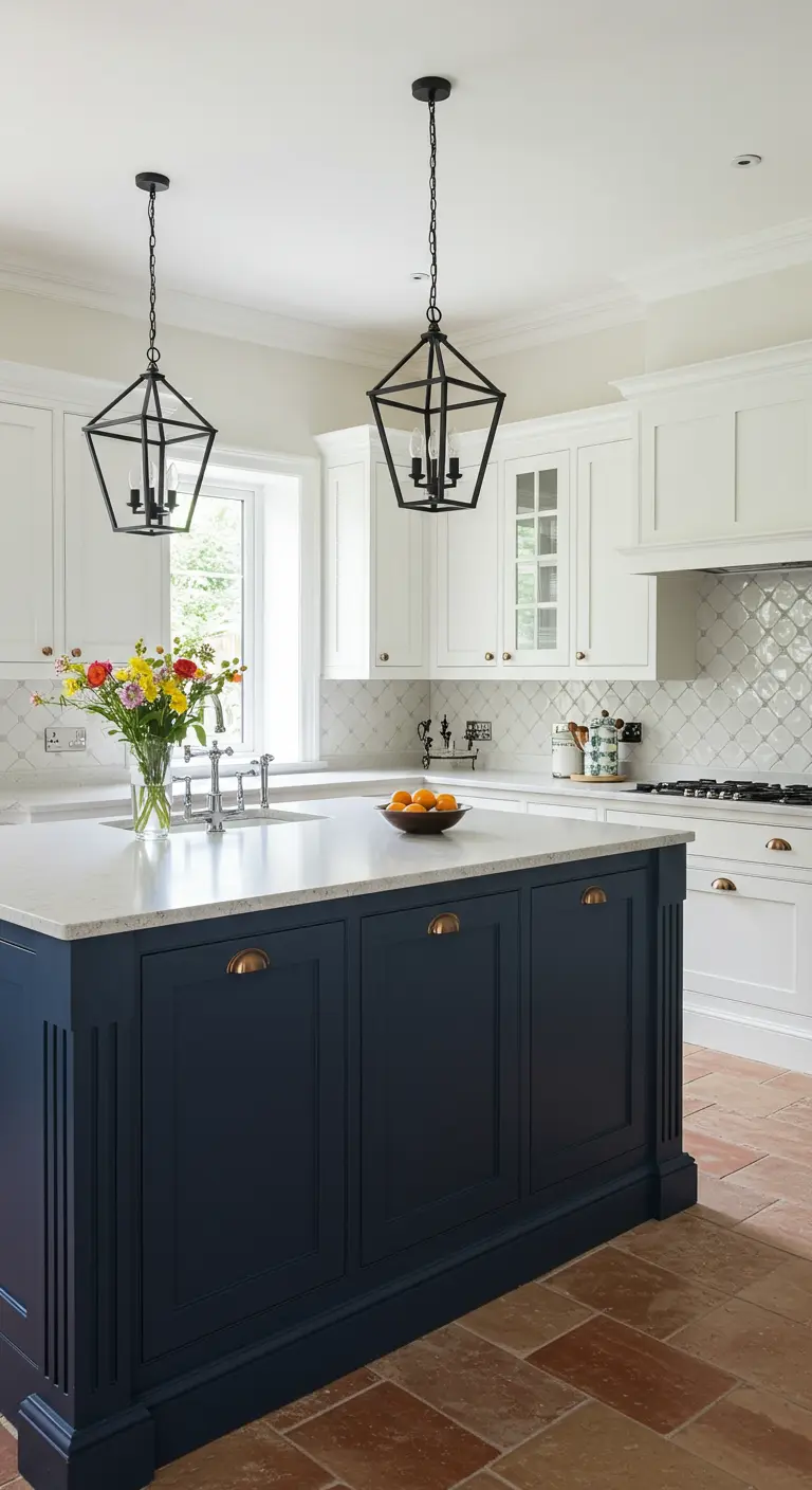 Navy blue kitchen island with white cabinets, terra cotta floor, and lantern pendants.