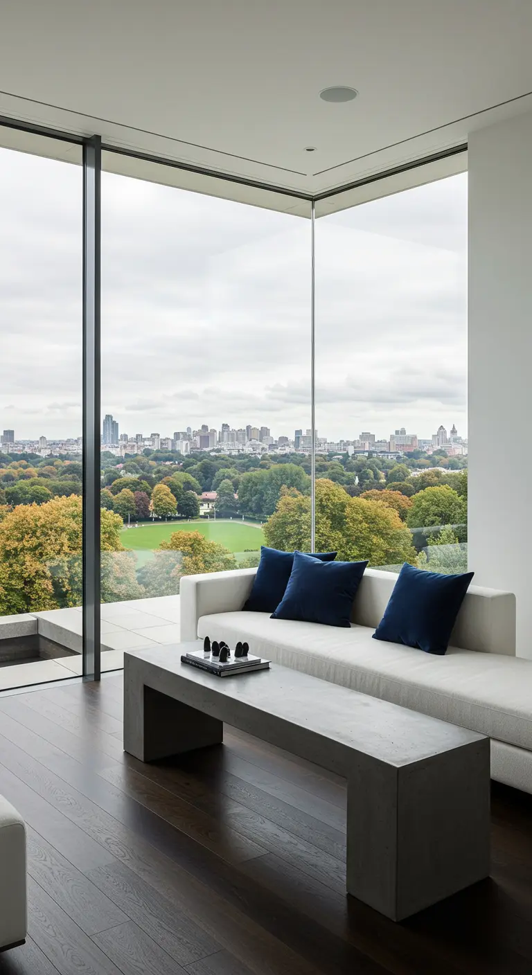 A white sofa with dark blue pillows sits in front of a concrete coffee table and city view.