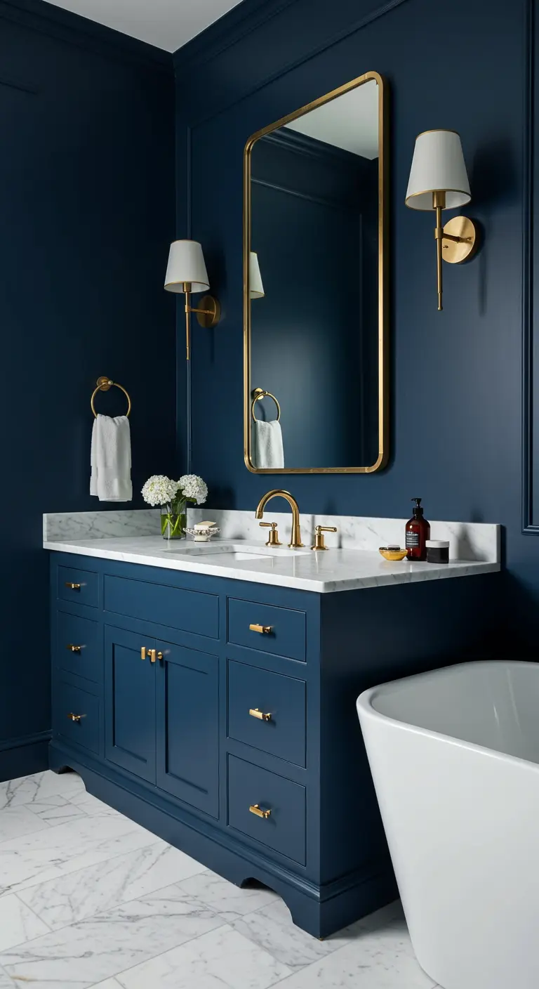 Navy blue bathroom with matching vanity, a gold-framed mirror, and brass sconces.