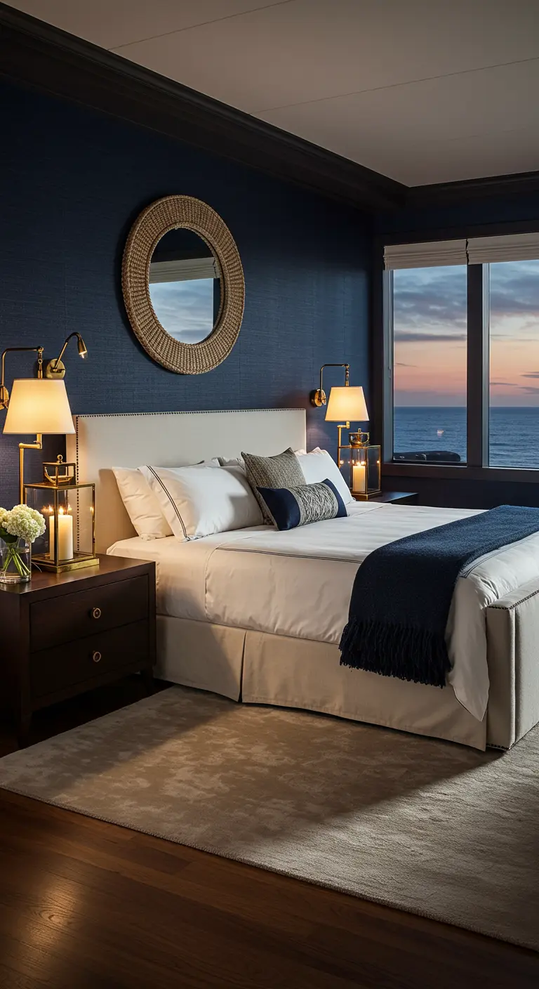 Bedroom with navy blue walls, a rope-wrapped mirror, and a large window overlooking the ocean.