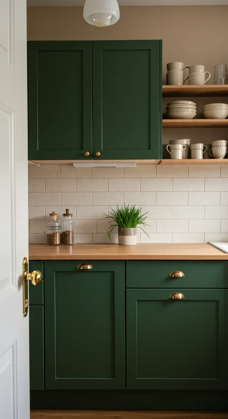 A kitchen with deep forest green cabinets, wood countertops, and brass hardware.