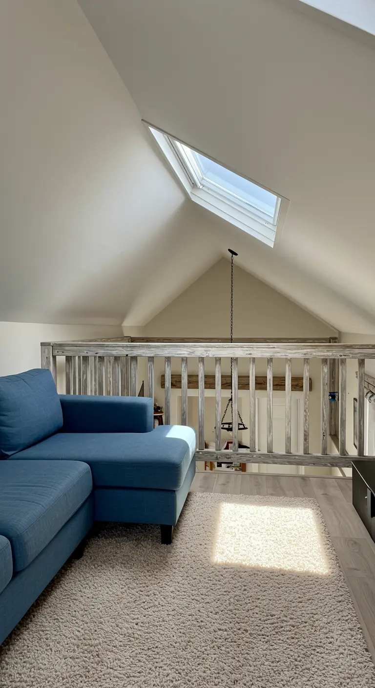 Loft sitting area with a blue sectional sofa and a distressed white wooden railing.